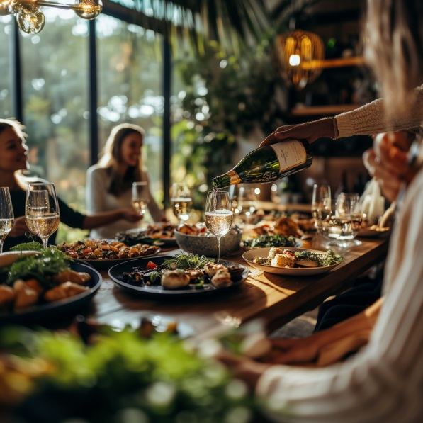 Tavola delle feste apparecchiata, con il vino versato nei calici