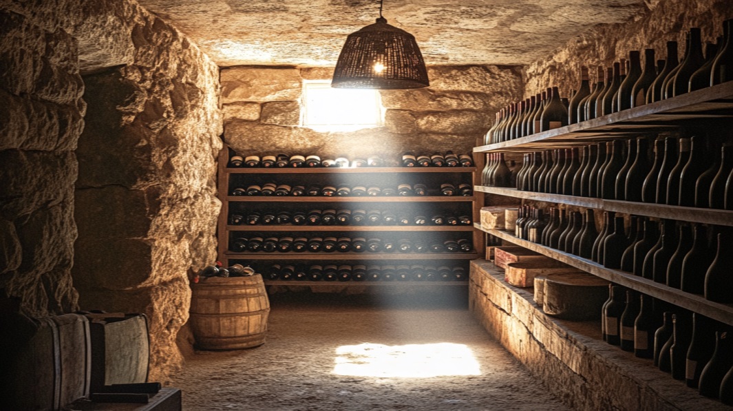 Cantina naturale interrata con le bottiglie di vino coricate sulle scaffalature