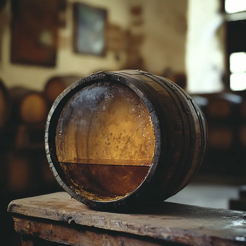 Botte di Sherry con un fondo trasparente che mostra il vino e il velo di lieviti in superficie