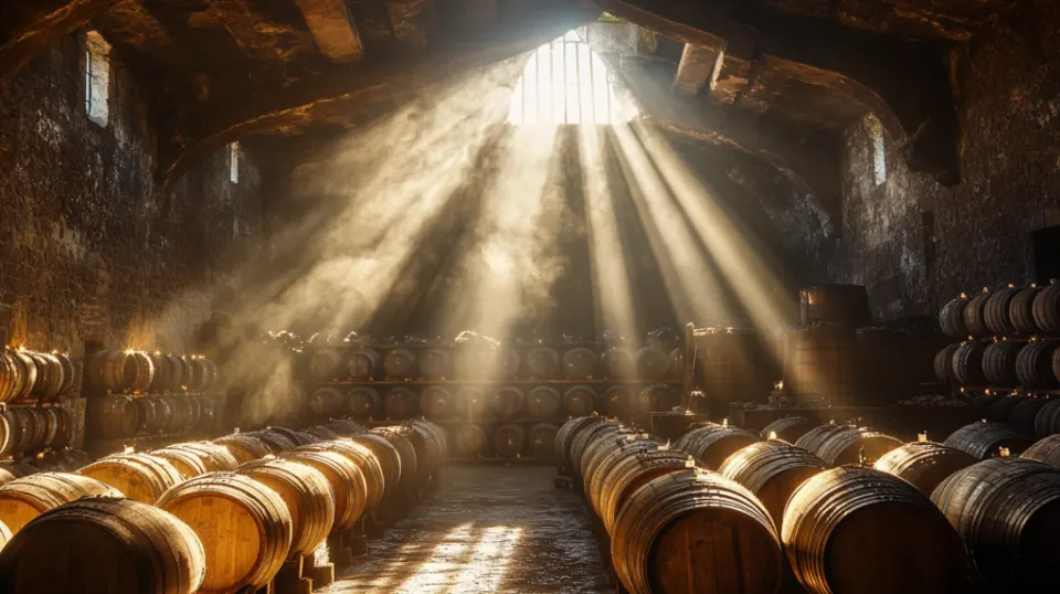 Cantina con le file di botti per l'invecchiamento dello Sherry