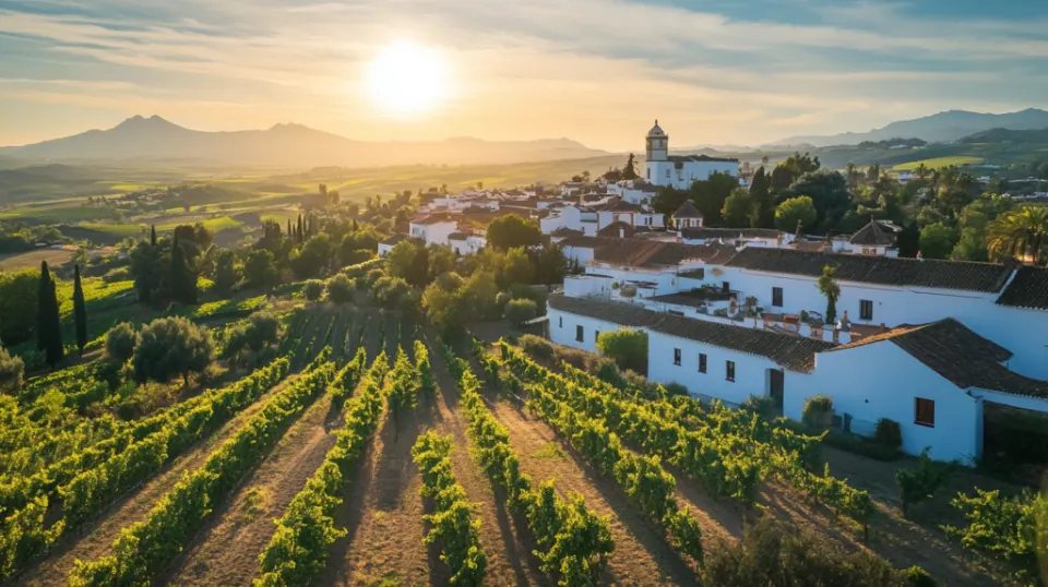 Vigne e paese bianco nelle campagne dell'Andalusia