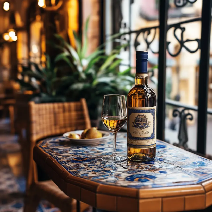 Bottiglia e calice di Sherry secco su un tavolino andaluso