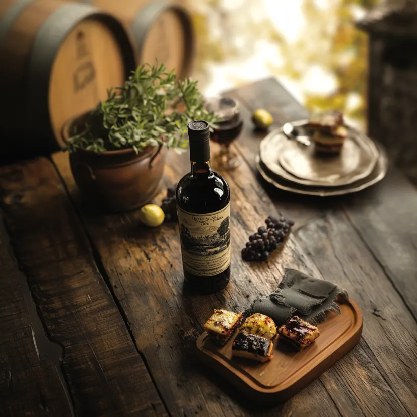 Bottiglia di Sherry dolce su un tavolo di legno con frutta secca e dolci