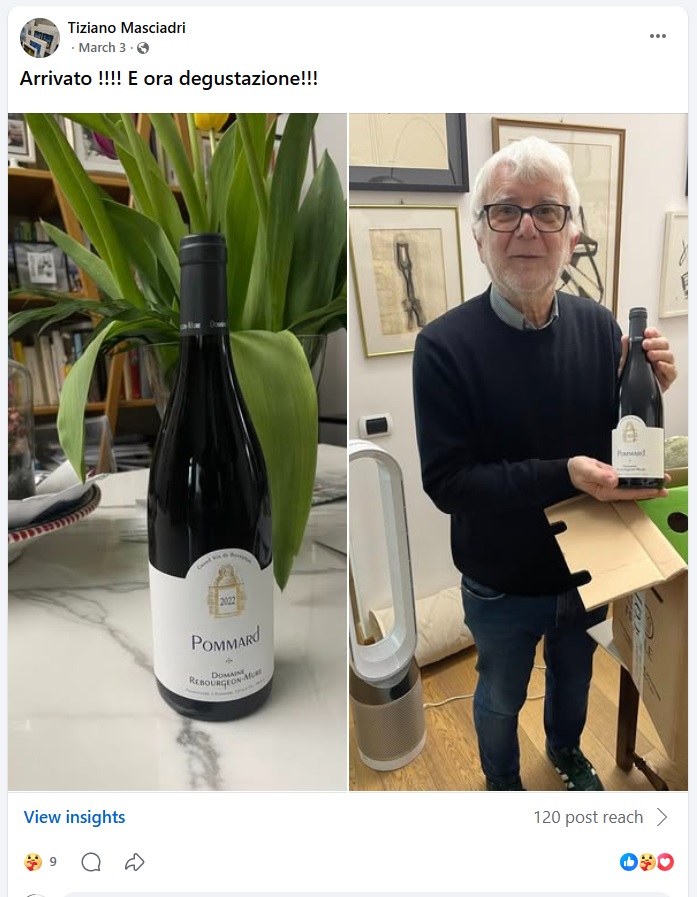 Tiziano Masciadri con la sua bottiglia di Pommard 2022 Domaine Rebourgeon-Mure