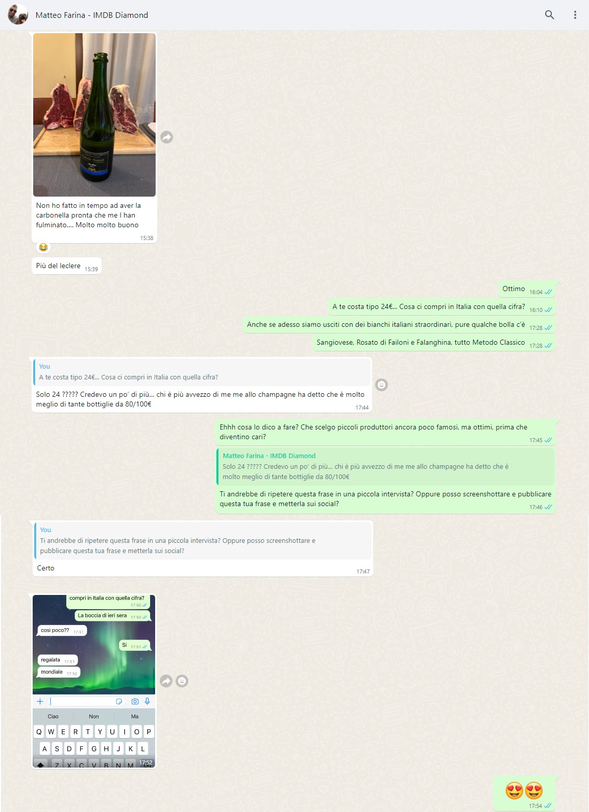 WhatsApp di Matteo Farina, socio IMDB Diamond, conversazione articolata su uno Champagne Vincent Delouvin